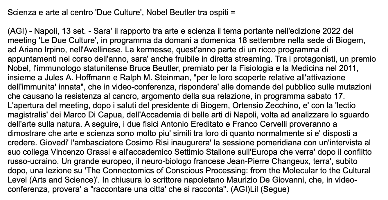 Scienza e arte al centro 'Due Culture', Nobel Beutler tra ospiti 